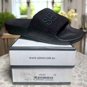 SENSO $165 Elly Slide Sandals Ebony Black Terry Strap Size 39 EU US 9 New With B